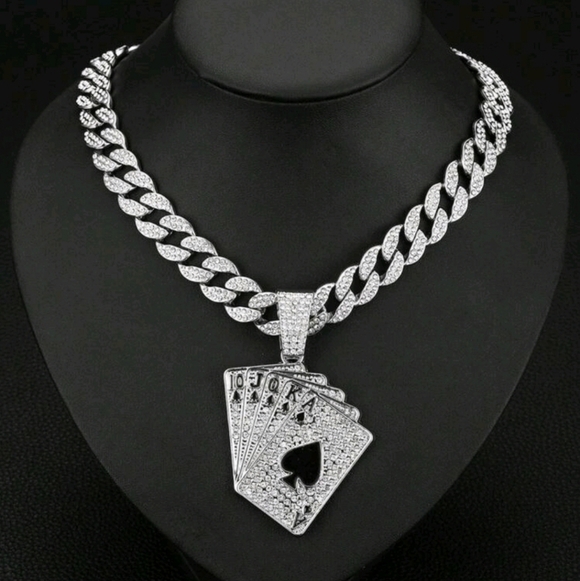 Other - Hip Hop Iced Out Fully Rhinestone Silver Card Pendant & Cuban Chain Necklace 20"